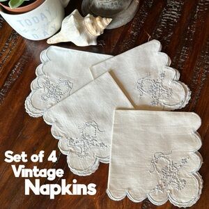 Set of 4 Vintage Napkins-White/Blue Embroidery Detail-Cotton